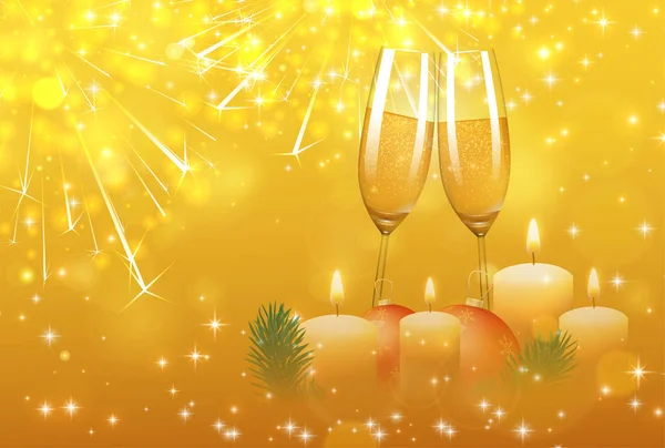 Natal brilhante e cartaz de Ano Novo com copos de champanhe e — Vetor de Stock