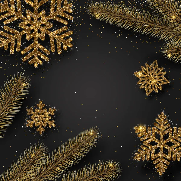Natal dan Tahun Baru latar belakang mengkilap dengan kepingan salju emas - Stok Vektor
