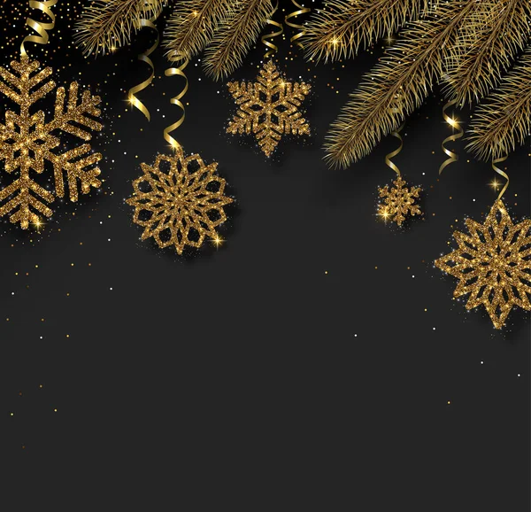 Kerstmis en Nieuwjaar glanzende achtergrond met gouden sneeuwvlokken een — Stockvector