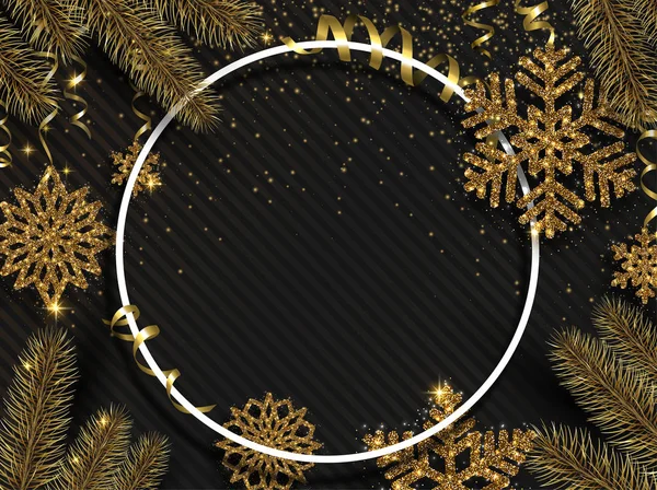 Weihnachten und Neujahr glänzendes Poster mit goldenen Schneeflocken und Tanne — Stockvektor