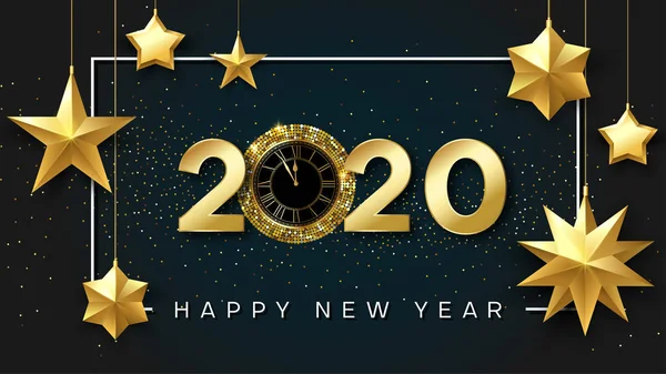 Happy New Year 2020 shiny poster with golden clock and stars. Royalty Free Stock Vectors