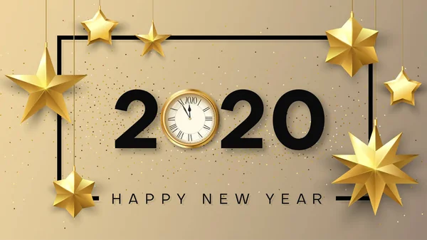 Happy New Year 2020 greeting card with golden clock and stars. Vector Graphics