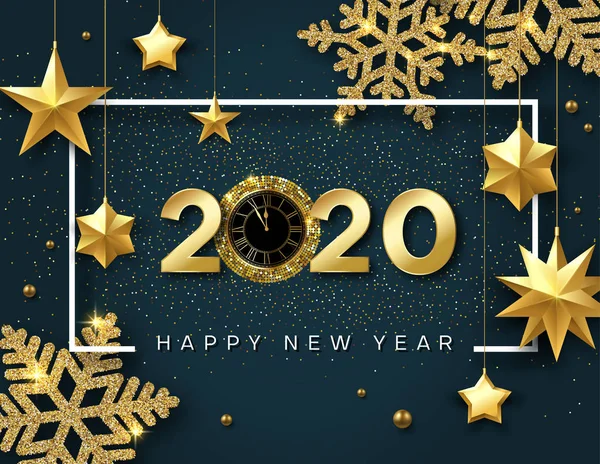 Mutlu yeni yıl 2020 kartıyla altın saat, yıldız ve parlak kar Vektör Grafikler