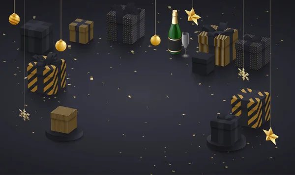 Boże Narodzenie i nowy rok tło z golden 3d prezenty, Champagn — Wektor stockowy