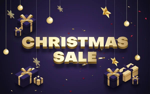 Jul försäljning promo affisch med gyllene 3d gåvor. — Stock vektor