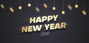 Mutlu yeni yıl 2019 poster ile altın Noel süsleri.