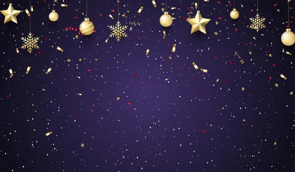 Weihnachts- und Neujahrsposter mit goldenen Weihnachtskugeln und Co — Stockvektor