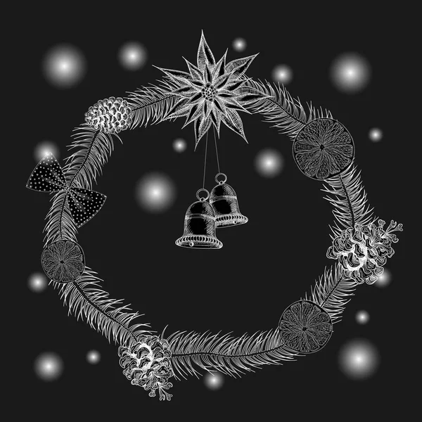 Schwarzer Neujahrshintergrund mit glänzendem Weihnachtskranz. — Stockvektor