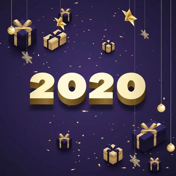 Roxo feliz ano novo 2020 cartão com dourado 3d presentes . —  Vetores de Stock