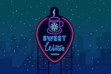 Tatlı kış neon ışık saçan kentsel poster üzerinde sıcak içecek fincan ile