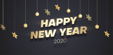 Mutlu yeni yıl 2020 poster ile altın Noel süsleri.