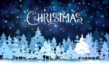 Neşeli Noel parlak tebrik kartı sihirli çam ormanı ile.