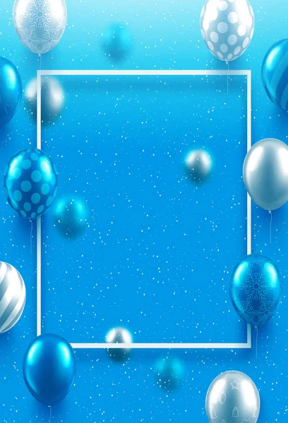 Blauwe feestelijke poster met wit frame en ballonnen. Sjabloon voor — Stockvector