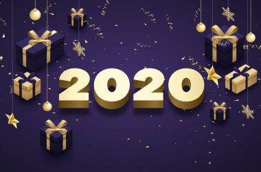 Altın 3d hediyeler ile mor mutlu yeni yıl 2020 poster.