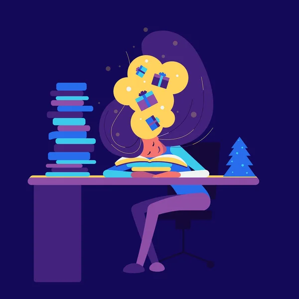 Chica durmiendo con libros y soñando con regalos . — Vector de stock