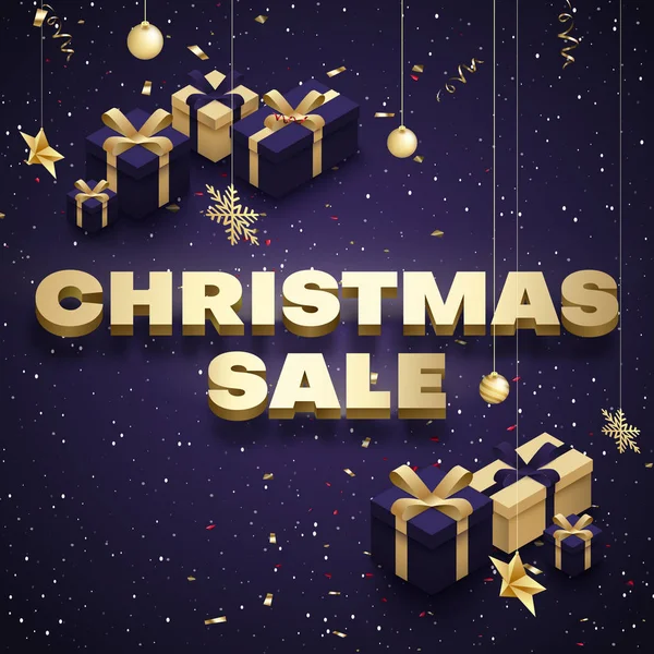 Försäljning marknadsföring julkort med gyllene 3d gåvor och konfetti. — Stock vektor