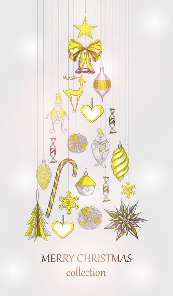 Merry Christmas collection background with yellow Christmas tree — Stock Vector