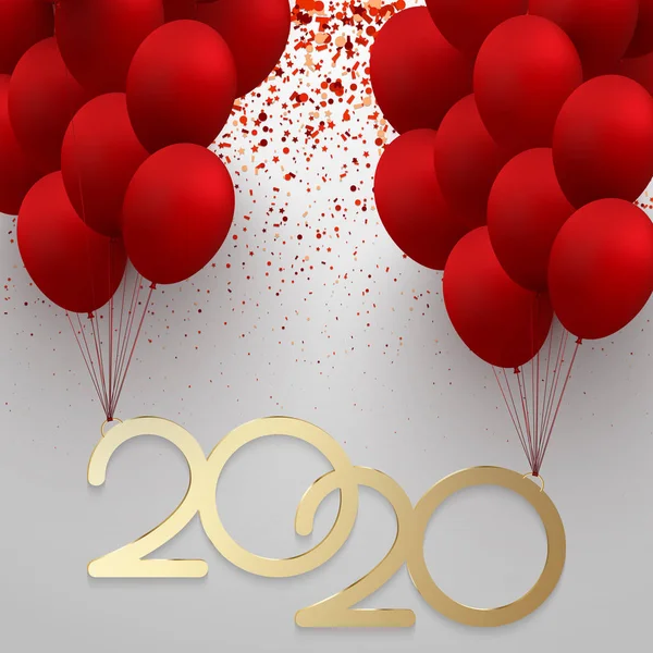 Carte Nouvel An et Noël 2020 avec ballons rouges et confettis . — Image vectorielle