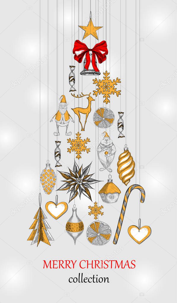 Merry Christmas collection background with gold Christmas tree.