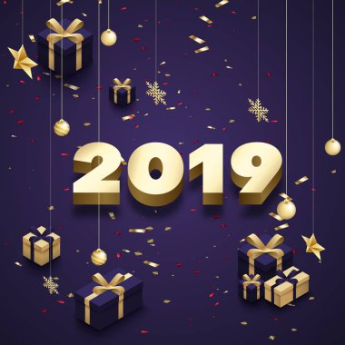 Altın 3d hediyelerle mutlu yeni yıl 2019 tebrik kartı.