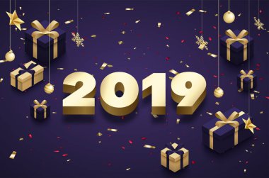 Altın 3d hediyeler ile mor mutlu yeni yıl 2019 poster.