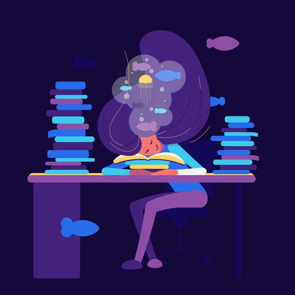 Chica dormir con libros y soñar. Estilo plano . — Archivo Imágenes Vectoriales