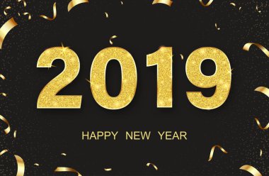 Siyah mutlu yeni yıl 2019 poster altın parlak rakamlar ve con ile