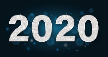 Parlak gümüş rakamları ile mavi yeni yıl 2020 afiş.