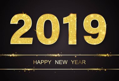 Siyah mutlu yeni yıl 2019 poster altın parlak rakamları ile.