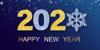 Parlak rakamları ile mavi mutlu yeni yıl 2020 afiş.