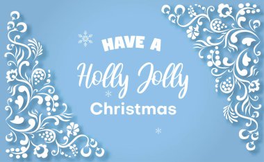 Beyaz süsleme ile mavi Holly neşeli Noel tebrik kartı.