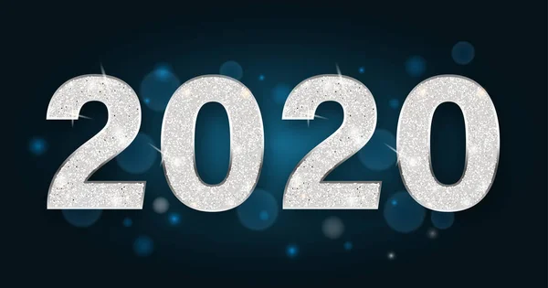 Blue New Year 2020 banner with shiny silver figures. — Stock Vector