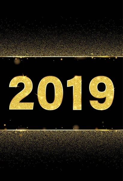 Cartel negro feliz año nuevo 2019 con figuras doradas . — Vector de stock