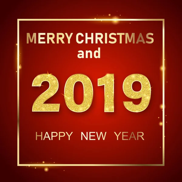 Feliz Navidad Roja y Feliz Año Nuevo 2019 tarjeta brillante con oro — Vector de stock