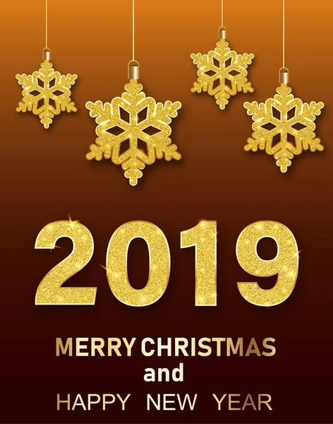 Feliz Navidad y Feliz Año Nuevo 2019 tarjeta con oro brillante s — Vector de stock