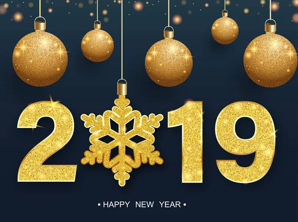 Cartel de Feliz Año Nuevo 2019 con bolas de Navidad doradas y nieve — Vector de stock