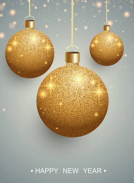 Bonne année carte de vœux avec des boules de Noël brillantes or . — Image vectorielle