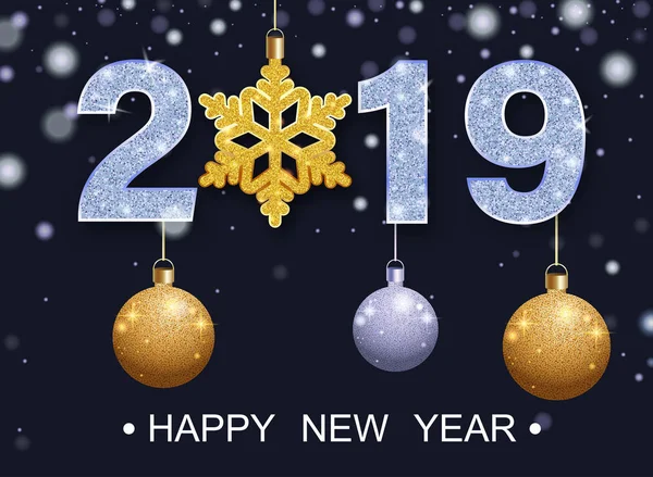 Feliz Año Nuevo 2019 tarjeta brillante con bolas de Navidad y copo de nieve — Vector de stock