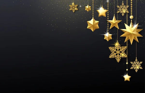 Schwarzer glänzender festlicher Hintergrund mit goldenen Sternen und Schneeflocken. — Stockvektor