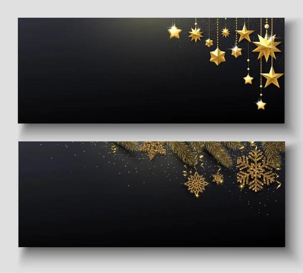 Uppsättning av svart festlig banners med gyllene glänsande stjärnor och snowfla — Stock vektor