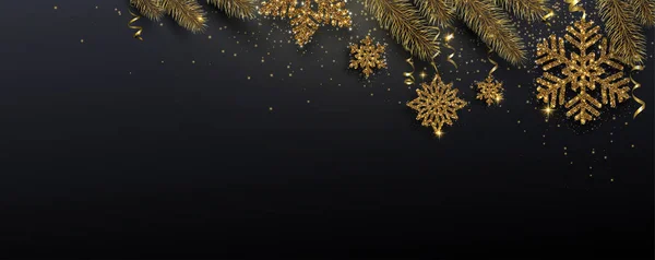 Banner festivo negro con ramas de abeto y copo de nieve brillante dorado — Vector de stock