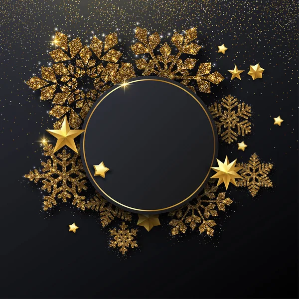 Kerstmis en Nieuwjaar ronde glanzend kaart met gouden sneeuwvlokken een — Stockvector