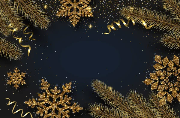 Navidad y Año Nuevo fondo brillante con copos de nieve de oro a — Vector de stock