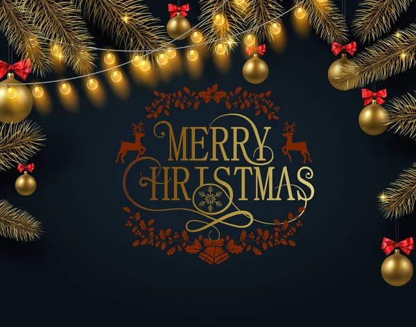 Feliz tarjeta de Navidad con ramas de abeto, bolas de Navidad de oro y — Vector de stock
