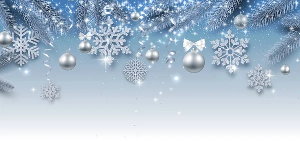 Weihnachten und Neujahr glänzendes Banner mit silbernen Weihnachtskugeln — Stockvektor