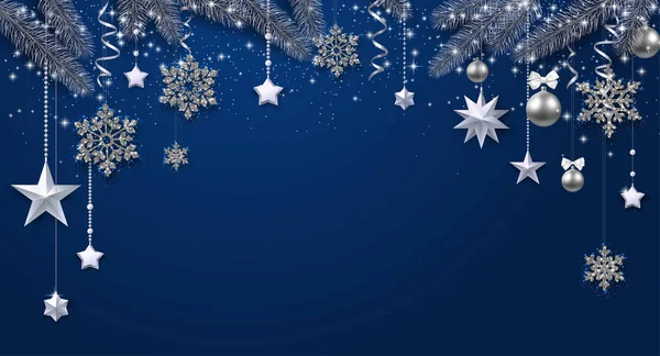 Niebieskie tło uroczysty błyszczący, z gałęzi jodły i Boże Narodzenie de — Wektor stockowy