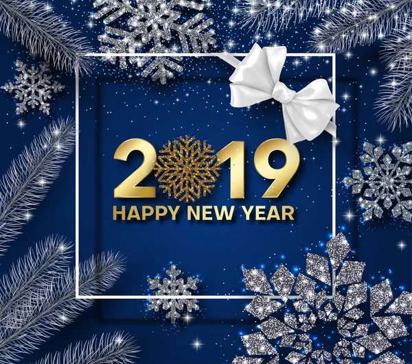 Blue Happy Año Nuevo 2019 tarjeta brillante con copos de nieve, rama de abeto — Vector de stock