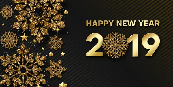 Frohes neues Jahr 2019 Karte oder Banner mit goldglänzenden Schneeflocken. — Stockvektor