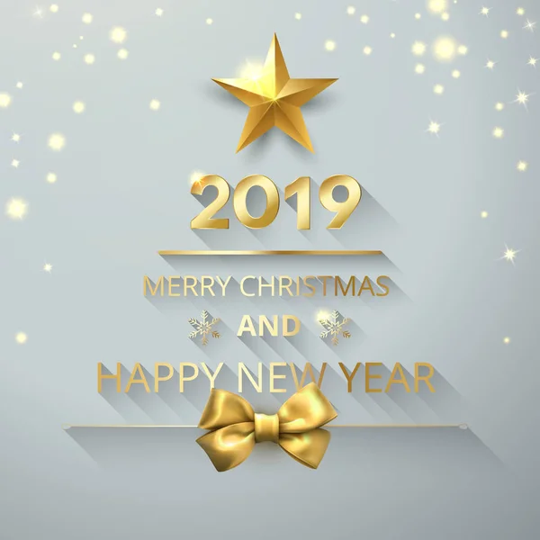 Brillante Feliz Navidad y Feliz Año Nuevo 2019 tarjeta con oro sat — Vector de stock