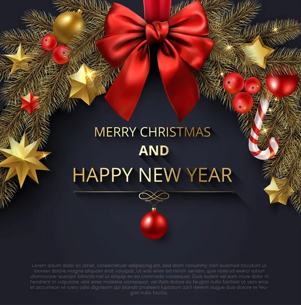 Boldog Karácsonyt és boldog új évet üdvözlő poszter fenyő bran — Stock Vector